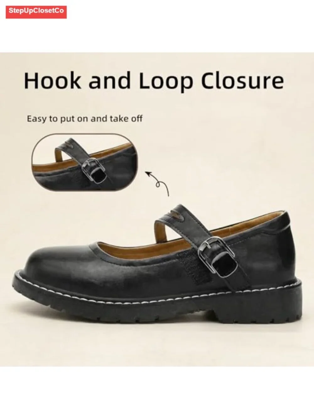 Mary Jane Flats Women Leather Oxfords Non Slip Hook Loop Memory Foam Comfort